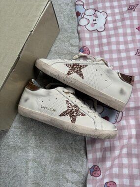 Golden Goose Super-Star Pink Glitter Distressed White Sneakers